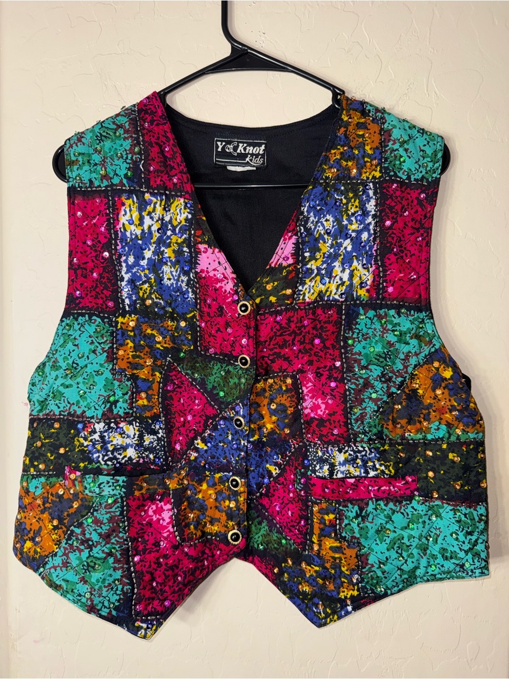Vintage Yo Knot Kids Beaded Patchwork Quilted Vest Button Front Colorful Medium